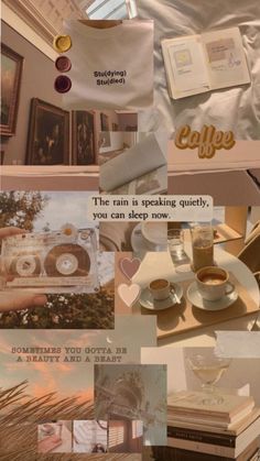 there is a collage of pictures with coffee, books and other things on it