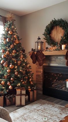 a decorated christmas tree in front of a fireplace