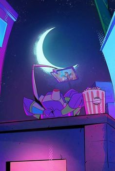 an animated scene with the moon in the sky and some boxes on top of it