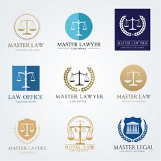 law logo templates with scales and laurels on white background, set of logos for law