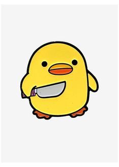 a yellow bird with a knife in it's mouth and its eyes closed, on a white background