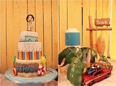 there is a cake on the table next to a toy car and palm tree in front of it