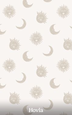 the sun and moon pattern is shown on this white wallpaper with silver lettering that says hovia