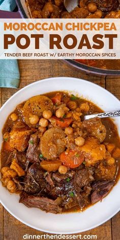 a bowl of moroccan chickpea pot roast on a wooden table