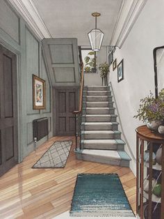 a drawing of a hallway with stairs and rugs