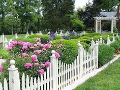 a white picket fence with pink flowers in the middle and green grass on both sides