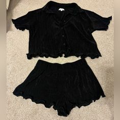 Colsie (From Target) Black Two-Piece Loungewear / Pajama Set Short Sleeved Button-Up Top & Matching Shorts Lettuce Trim Detail Size Small Brand New Condition Goth Loungewear, Goth Pajamas, Two Piece Loungewear, Black Two Piece, Short Sleeve Button Up, Loungewear Set, Trim Detail, Short Pajama Set, Women's Intimates