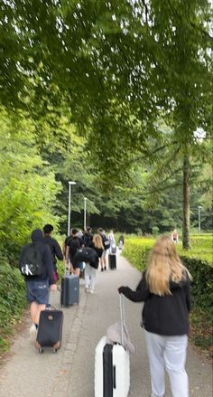 a group of people with suitcases walking down a path in the park, some carrying luggage