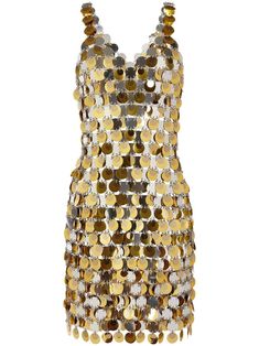 gold-tone/silver-tone metal paillette detailing chainmail effect V-neck sleeveless concealed rear fastening Sparkle Mini Dress, Chainmail Dress, Shades Of Gold, Chain Mail, Paco Rabanne, Embellished Dress, Gold Dress, Brown Fashion, Grey And Gold