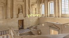 the interior of an old building with stairs, windows and a sign that reads january