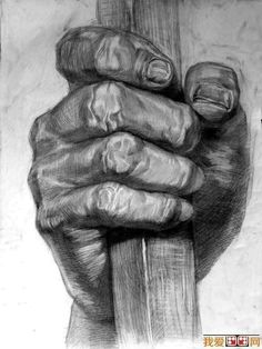 a black and white drawing of a hand holding a wooden pole