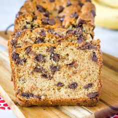 two slices of chocolate chip banana bread on a cutting board