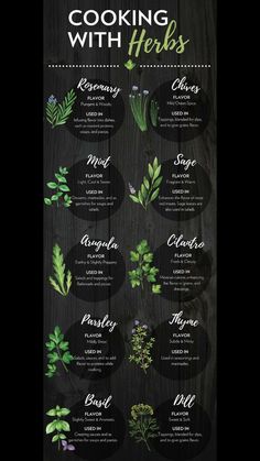 the cooking with herbs poster is shown on a blackboard and features different types of herbs