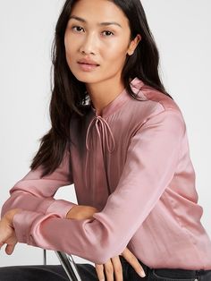 Satin Tie-Neck Shirt | Banana Republic Elegant Pink Tie Neck Top, Classic Spring Tie Neck Tops, Pink Relaxed Fit Elegant Blouse, Pink Relaxed Fit Elegant Top, Elegant Relaxed Fit Pink Top, Elegant Pink Relaxed Fit Top, Pink Tie Neck Top For Work, Tie Neck Shirt, Band Collar