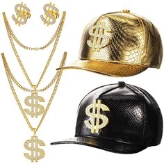 PRICES MAY VARY. 80s 90s Hip Hop Costume Accessories: the package comes with 2 pieces Hip Hop baseball caps with alloy dollar signs available in gold and black, 2 pieces of faux gold chain dollar sign pendant necklaces and 2 pieces of gold dollar sign rings; Our classic vintage style is ideal for your hip hop party with friends, a good combination for your wear or replacement needs Crocodile Baseball Caps: our money hat features a charming design, classic black and bright gold highlighting 2 sty 80s Hip Hop Costume, 90s Hip Hop Costume, Money Hat, Dollar Chain, Rapper Costume, Gold Dollar, Hip Hop Costumes, Hip Hop Party, White Clothing