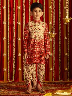 vastramay boys read and cream kurta and dhoti set Patola Print, Boys Wear, Hot Iron, White And Red, Vibrant Red, Cold Water, Comfort Fit, Hand Wash, Festival