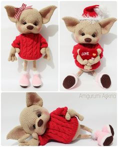 three pictures of stuffed animals wearing sweaters and hats, one is holding a heart