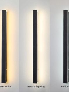 three different types of wall lights on the side of a white wall with black poles