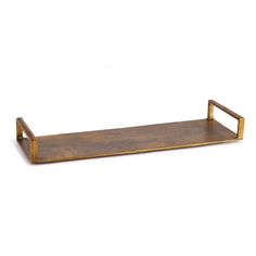 a wooden shelf with two handles on the top and one handle on the bottom, against a white background