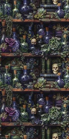 a shelf filled with lots of different types of vases and skulls on top of them