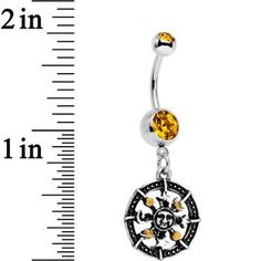 Add a little celestial spirit to your stylish look when you wear this unearthly navel piercing. Made with a 3/8" surgical grade stainless steel curved barbell, this belly button ring features orange top and bottom gems that are a rare find in our jewelry collection as well as a circular dangle charm with a moon, sun, and stars inside. Whether you are ready to take off for space or love a little night sky inspired style this navel jewelry is just right for you. Specifications 14 Gauge (1.6mm), 3/ Adjustable Nickel-free Stainless Steel Belly Rings, Adjustable Silver Celestial Belly Rings, Adjustable Celestial Silver Belly Rings, Adjustable Dangle Belly Rings, Moon Sun And Stars, Celestial Spirit, Orange Gem, Navel Jewelry, Dangle Belly Rings