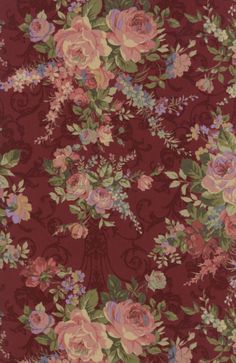 a red floral wallpaper with pink and purple flowers