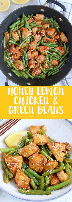 honey lemon chicken and green beans in a skillet