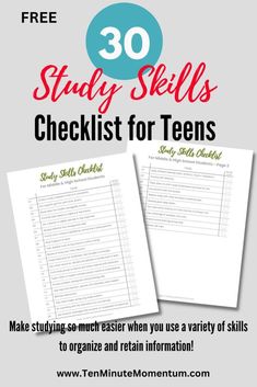 the text reads 30 study skills checklist for teens make studying easier when you use a variety of skills to organize and retain information