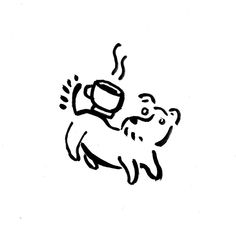 a black and white drawing of a bear holding a coffee cup in its mouth with steam coming out of it