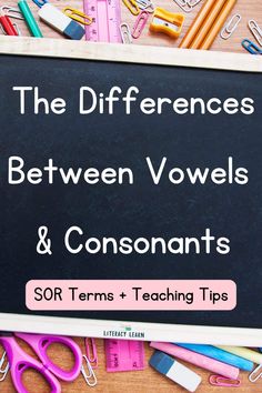 a blackboard with the words differences between novels and consonants sor terms + teaching tips