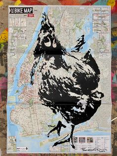 a large poster with a bird on it's face and the words bike map