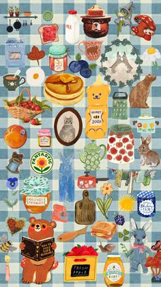 a collage of various items on a blue and white checkered tablecloth with an animal