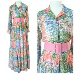 For sale is a pretty vintage 1960s/1970's floral maxi dress. The dress has long sleeves and and satin functional buttons at front. The top layer is a light cotton/poly blend and it has a cotton lawn lining at the bodice. The skirt is lined in a lightweight acetate. Style with a wide belt! (like pictured, not included). Belt can be purchased separately.  Label: None Fabric: Poly Cotton Blend Condition: Good vintage condition, no slight threadbare on skirt under waist seam at front.  Measurements- 70s Floral, Wide Belt, Vintage 60s, Cotton Lights, Floral Maxi, Vintage 1960s, Dress Clothes For Women, Floral Maxi Dress, A Line Dress