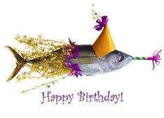 a fish with a party hat on it's head and some flowers in its mouth