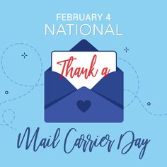 a blue envelope with the words thank mail carrier day on it and an image of a heart