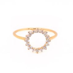 This ring adds a pop of sparkle to your look! With 0.23cttw round diamonds set in an open circle, it's the perfect statement piece. Available in 14K Yellow, White and Rose Gold. Rose gold is non-returnable!  If marked as pre-order, please allow 2-9 weeks for shipping! Fine Jewelry Open Ring With Prong Setting, Stackable Halo Cubic Zirconia Rings, Fine Jewelry Diamond Ring For Party, Cubic Zirconia Stackable Rings With Halo, Modern 14k Gold Rings With Halo Design, Modern Round Promise Ring, Party Fine Jewelry Diamond Ring, Luxury Crystal Open Ring, Luxury Open Crystal Ring