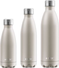 three stainless steel water bottles are shown side by side, one is white and the other is gray