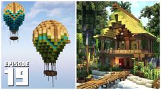 two pictures of different types of hot air balloons in the sky and an image of a house