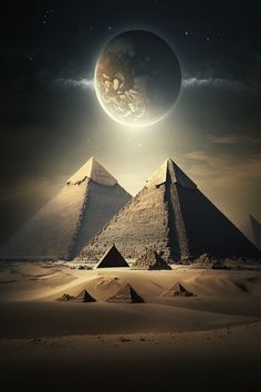 three pyramids with the moon in the sky above them and an earth like object behind them