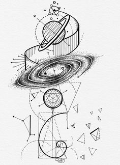 a black and white drawing of an object in the sky with stars, circles and lines