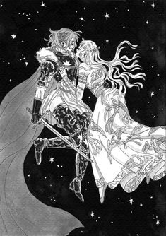 a black and white drawing of two people on a horse with stars in the background