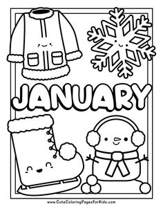 the january coloring page for kids with snowflakes and winter clothes on it's back