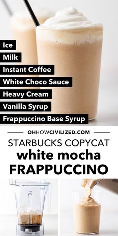 three different types of beverages with text overlaying the image and below it is an advertisement for white mocha frapuccino