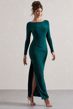 Virgo | Bottle Green Cowl-Back Long-Sleeve Split Maxi Dress Long Sleeve Emerald Green Dress Prom, Long Sleeve Emerald Dress Formal, Green Gala Dresses Long Sleeve, Green Long Sleeve Dress Wedding Guest, Long Green Dress With Long Sleeves, Green Chiffon Dress Long Sleeve, Green Long Winter Formal Dress, Long Sleeve Turtle Neck Dress Green, Long Emerald Velvet Dress