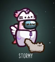 an animated cat holding a bone in its paws with the caption stormy on it