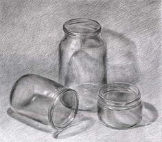 a pencil drawing of three glass jars