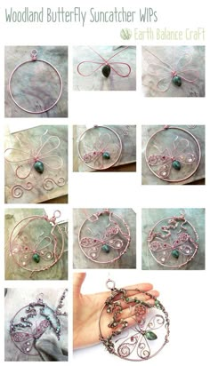 the instructions to make wirework jewelry with butterflies and flowers on it, including beads