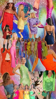 the collage shows many different women in dresses and hats, all wearing bright colors