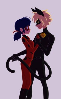 two cartoon characters hugging each other in front of a purple background with black and red hair