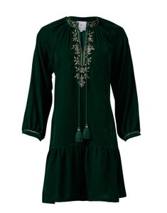 sloane-green-embroidered-velvet-dress_product.jpeg Embroidered Velvet Dress, Embroidered Velvet, Embroidered Tunic, Metallic Accents, Velvet Dress, Leather Accessories, Velvet, Sleeve Length, Green